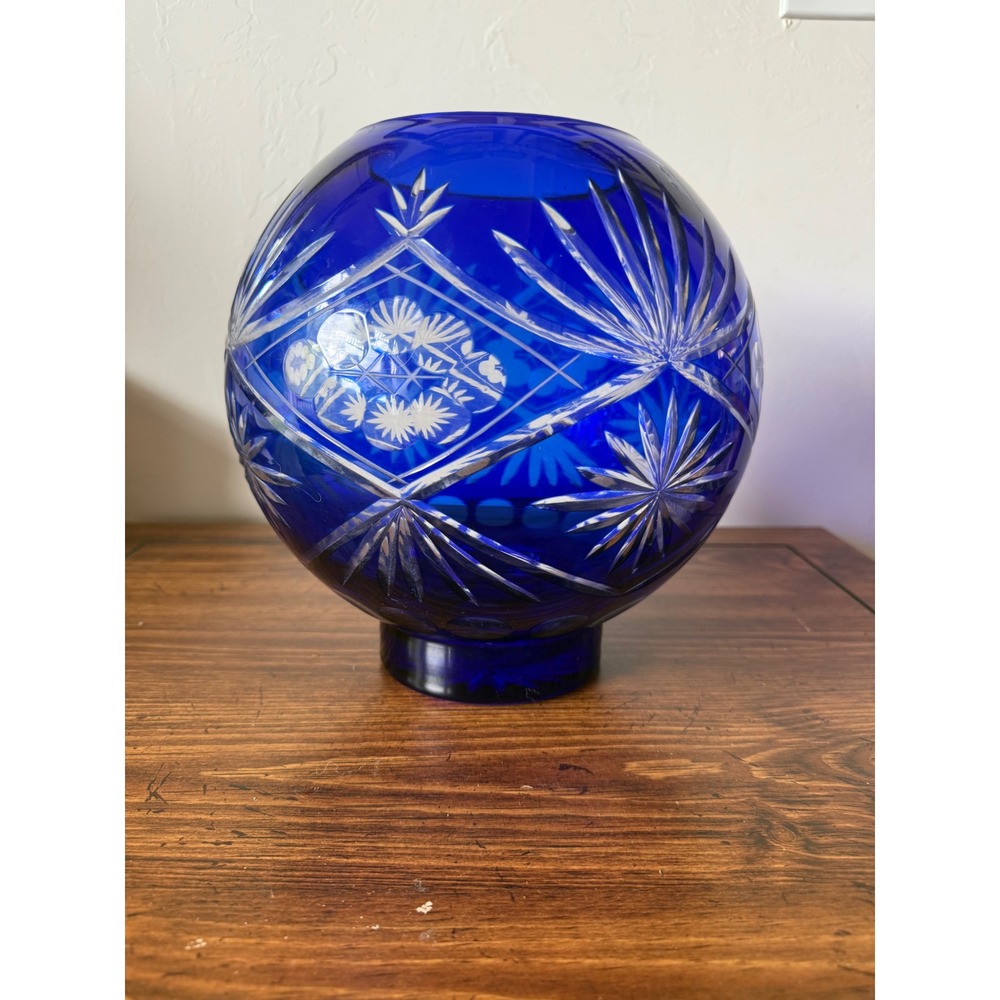 Cobalt Blue Cut to Clear Glass Rose Bowl Vase Star Fan Round Orb Bohemian 6.5"